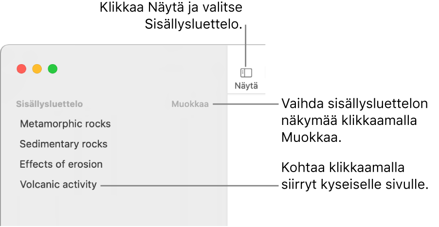 Sisällysluettelo Pages-ikkunan vasemmassa reunassa, Muokkaa-painike sivupalkin oikeassa yläkulmassa ja sisällysluettelon sisältö luettelona.