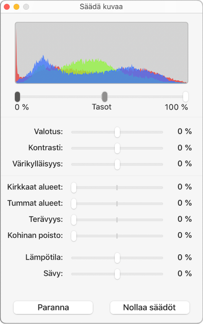 Säädä kuvaa -ikkuna, jossa on liukusäätimiä valotuksen, kontrastin, kylläisyyden, korostusten, varjojen, terävyyden, kohinan poiston, lämpötilan ja sävyn asettamiseen.