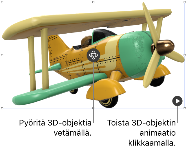 3D-objekti, jonka keskellä on Pyöritä-painike ja jonka oikeassa alakulmassa on Toista-painike.