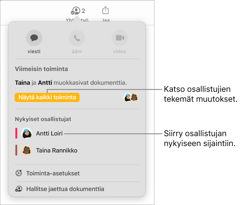 Yhteistyövalikko, jonka luettelossa on kaksi nykyistä osallistujaa.