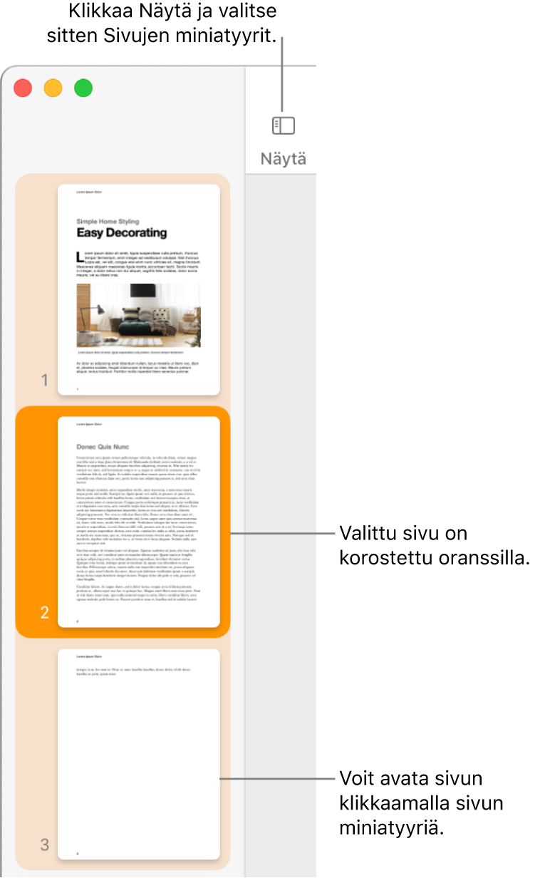 Sivupalkki Pages-ikkunan vasemmalla puolella, jossa miniatyyrinäkymä auki ja valittu sivu korostettuna tummanoranssilla.