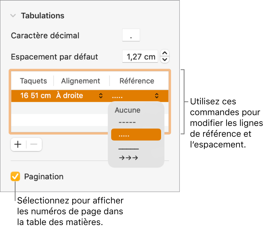 La section Tabulations de la barre latérale Format. Sous Espacement par défaut se trouve un tableau contenant les colonnes Taquets, Alignement et Référence. Une case Pagination est cochée sous le tableau.