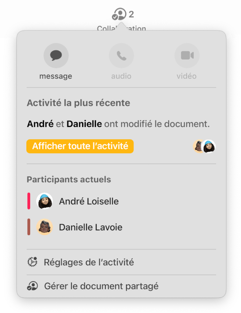 Le menu de collaboration affiche les noms des personnes collaborant au document.