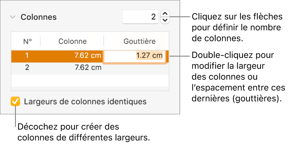 Sous-fenêtre Disposition de l’inspecteur Format, affichant les commandes de colonne.