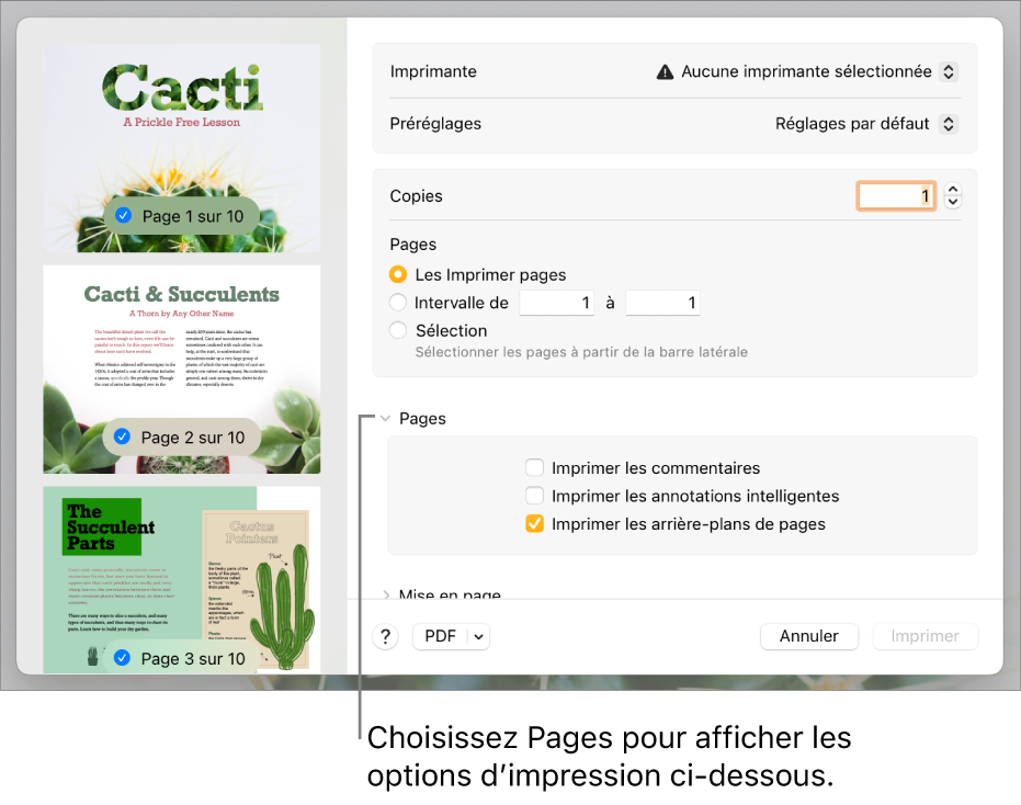 Zone de dialogue Imprimer avec les commandes pour l’imprimante, les préréglages, le nombre de copies et la plage de pages. Au-dessus de cases à cocher pour l’impression des commentaires, des annotations intelligentes et des arrière-plans de pages, l’option Pages est sélectionnée dans le menu contextuel sous les réglages de plage de pages.