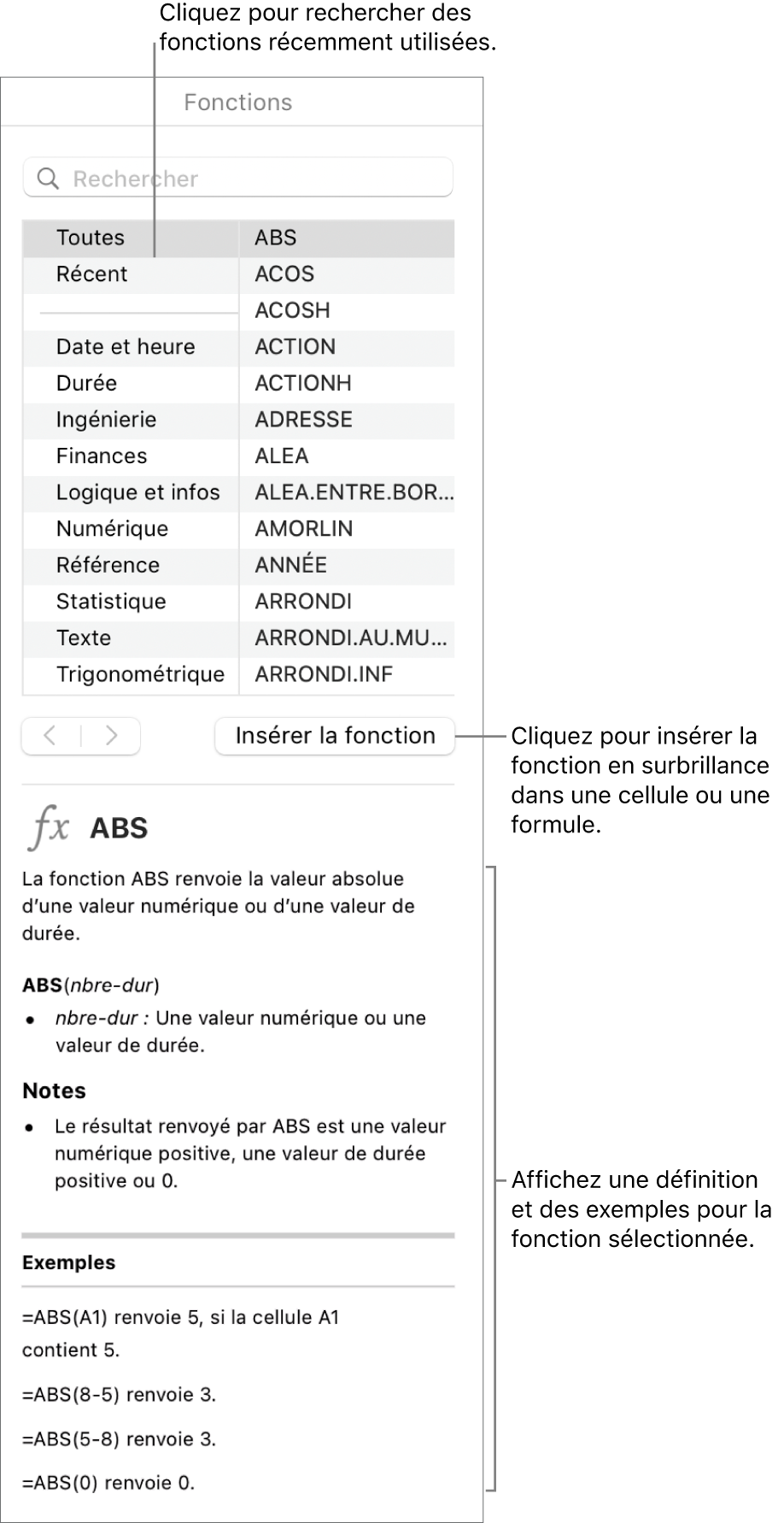 Navigateur de fonctions avec des légendes pour les fonctions récemment utilisées, le bouton Insérer la fonction et la définition de la fonction.