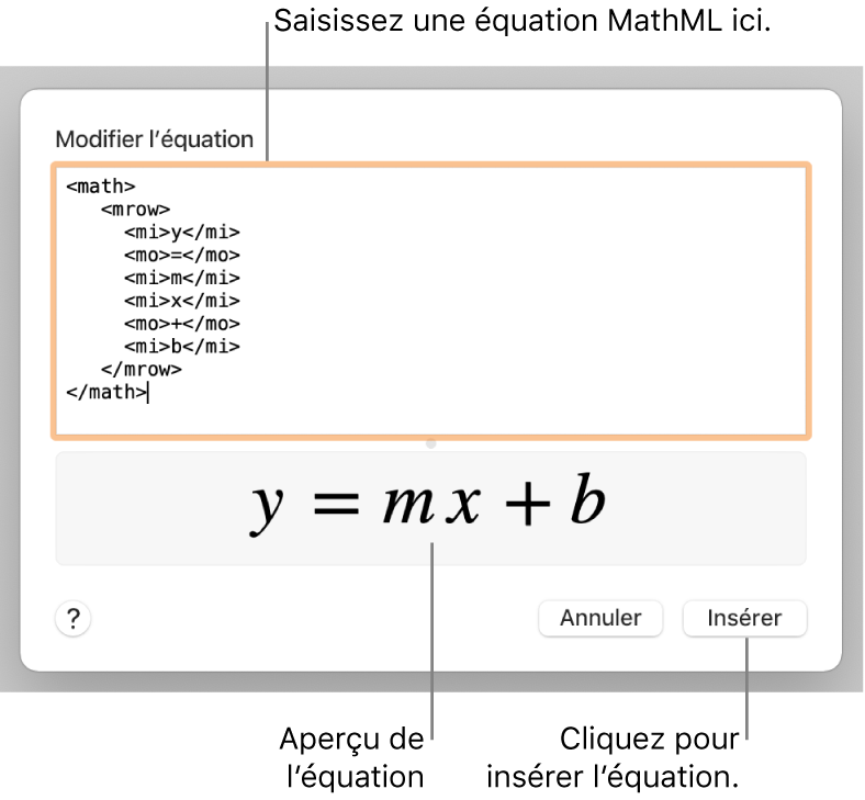 Équation de la pente d’une droite dans le champ Modifier l’équation et aperçu de la formule en dessous.