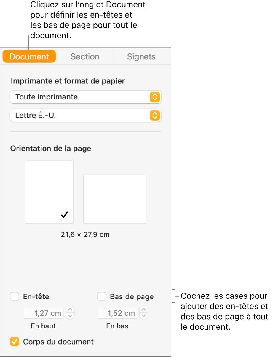 Barre latérale Document avec l’onglet Document en haut de la barre latérale sélectionnée. Sous les cases En-tête et Bas de page se trouvent des flèches permettant de modifier la distance entre les en-têtes ou les bas de page et le haut ou le bas de la page.
