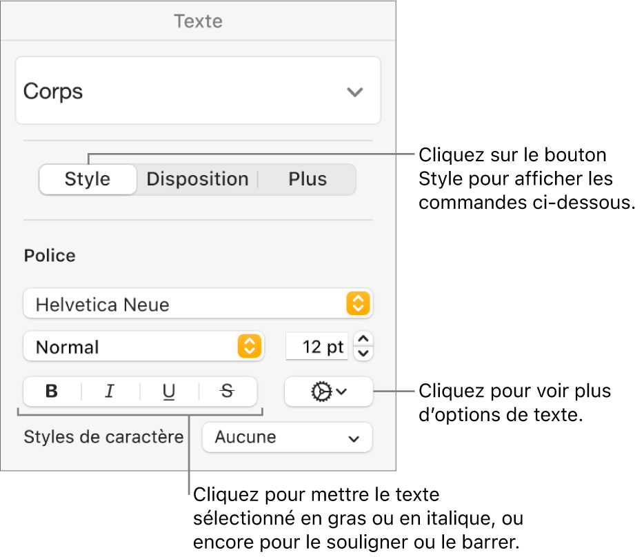 Les commandes de style de la barre latérale Format avec des légendes pour les boutons Gras, Italique, Souligné et Barré.