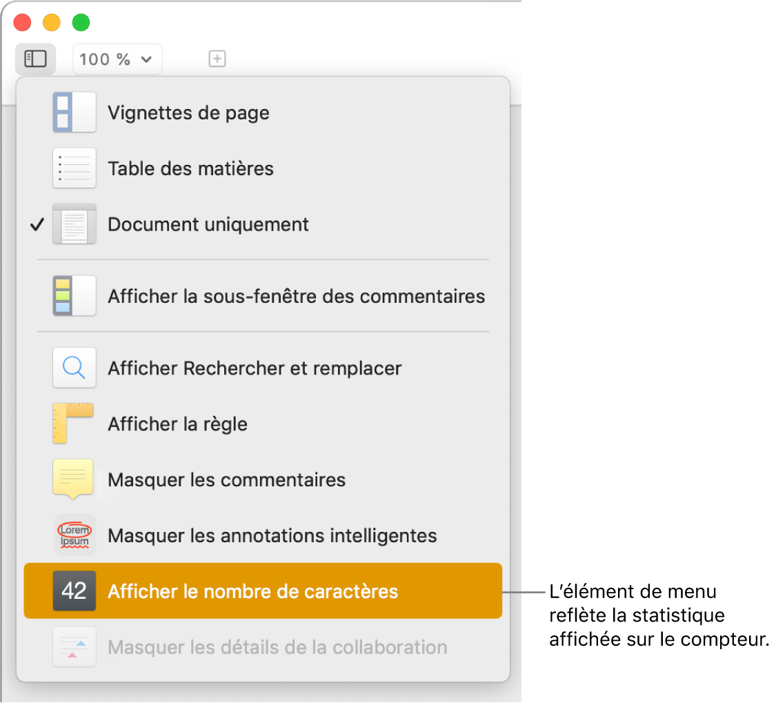Le menu Présentation s’ouvre avec « Afficher le nombre de caractères » vers le bas.