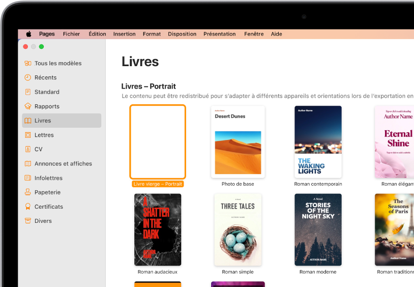 Le sélecteur de modèles avec Livres sélectionné dans la liste des catégories à gauche et des modèles de livre en orientation Portrait à droite.