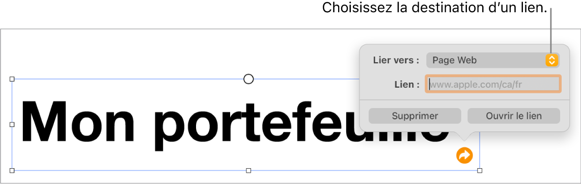 Les commandes de l’éditeur de lien avec l’option Page Web sélectionnée au-dessus des boutons Supprimer et Ouvrir le lien.