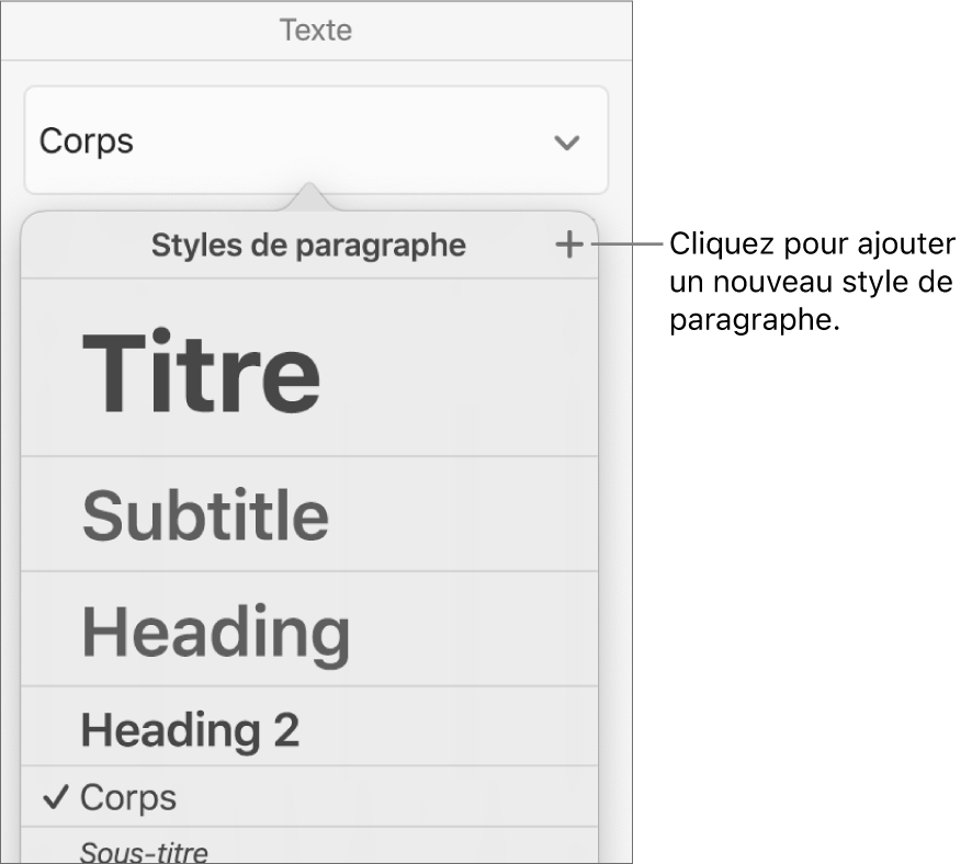 Le menu Styles de paragraphe avec le bouton Nouveau style accompagné d’une légende.