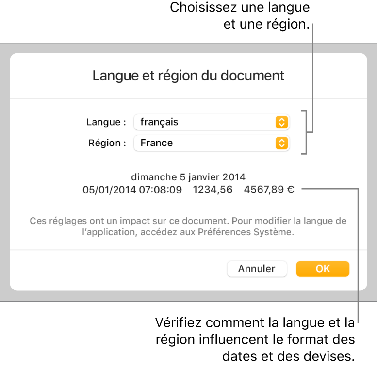 Sous-fenêtre Langue et région avec les commandes pour la langue et la région, et un exemple du format qui comprend la date, l’heure, les décimales et la devise.