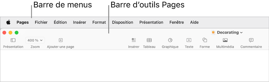 La barre de menus en haut de l’écran avec les menus Apple , Pages, Fichier, Édition, Insertion, Format, Disposition, Présentation, Fenêtre et Aide. Document Pages ouvert sous la barre de menus avec, tout le long du bord supérieur, des boutons Présentation, Zoom, Ajouter une page, Insérer, Tableau, Graphique, Texte, Forme, Multimédia et Commentaire, Partage et Format.