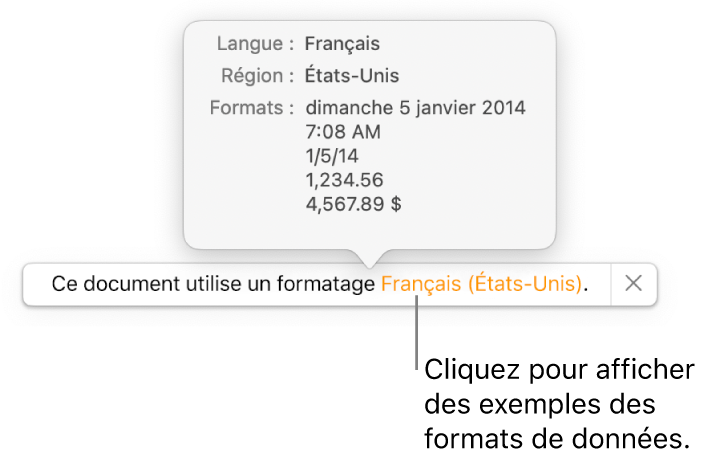 La notification du réglage de langue et de région différent affichant des exemples de la mise en forme correspondant à cette langue et à cette région.