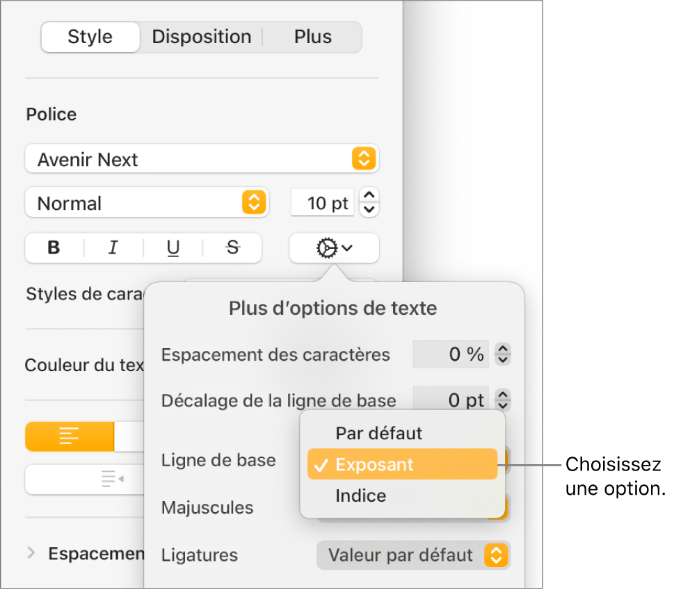 Le menu Options avancées avec le menu contextuel Ligne de base ouvert et montrant les éléments de menu Par défaut, Exposant et Indice.