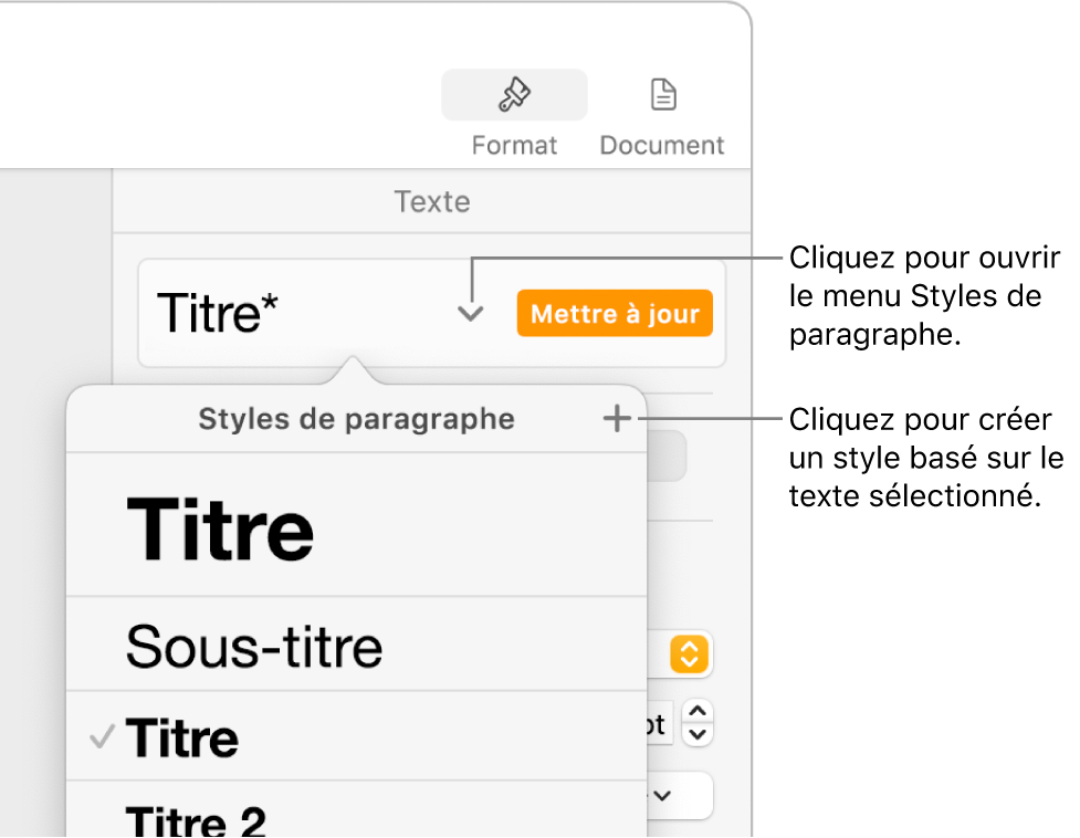 Le menu Styles de paragraphe, affichant des commandes pour ajouter ou modifier un style.