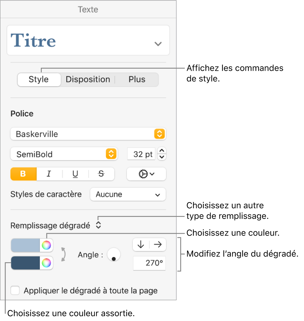 Commandes permettant de choisir des couleurs prédéfinies ou une tout autre couleur.