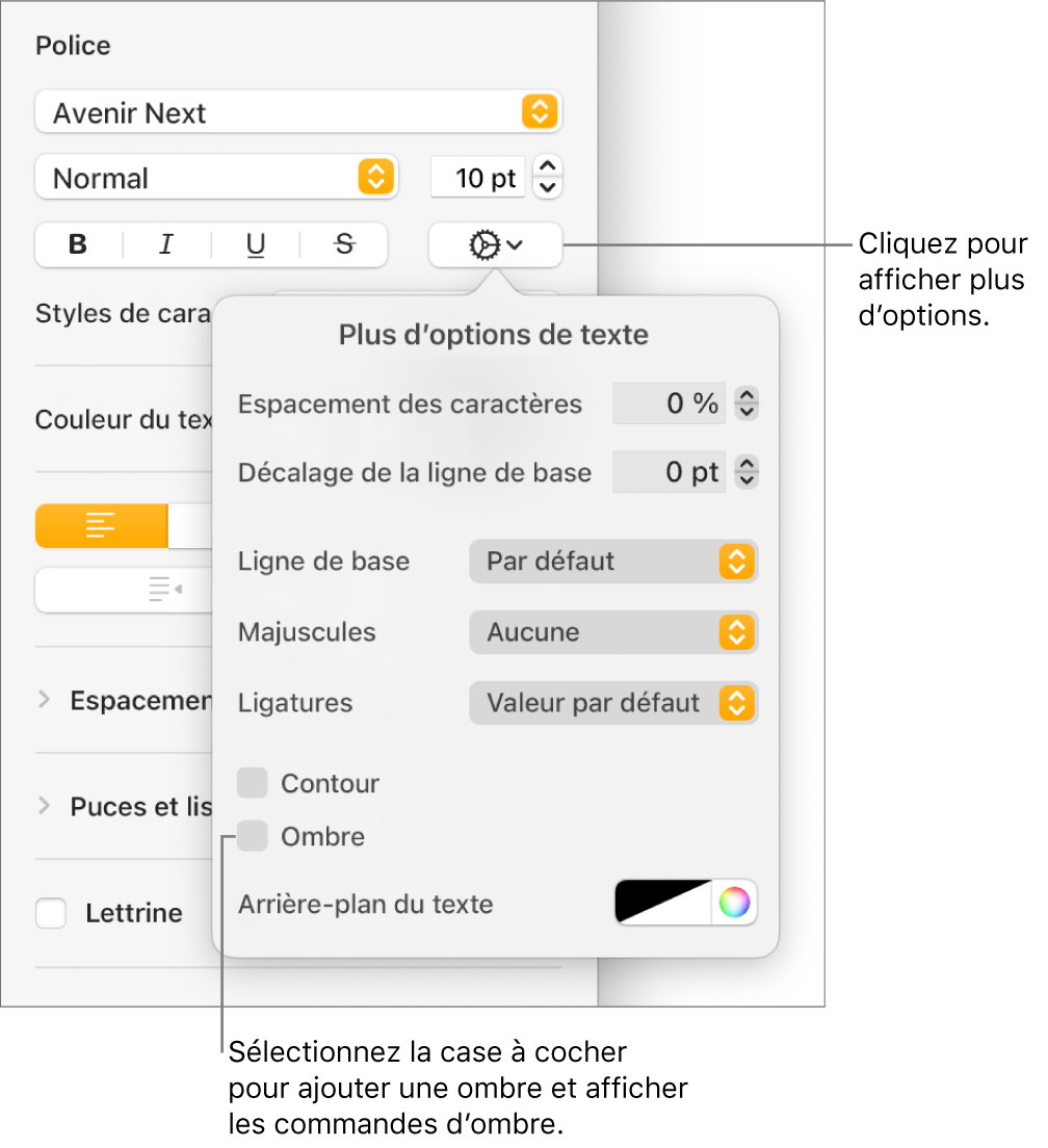 Le menu Options avancées s’ouvre avec la case Ombre sélectionnée et les commandes pour définir les réglages de flou, de décalage, d’opacité, d’angle et de couleur.