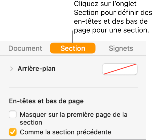 Barre latérale Document avec l’onglet Section en haut de la barre latérale sélectionnée. La section En-têtes et Bas de page de la barre latérale comporte des cases à côté de « Masquer sur la première page de la section » et « Comme la section précédente ».