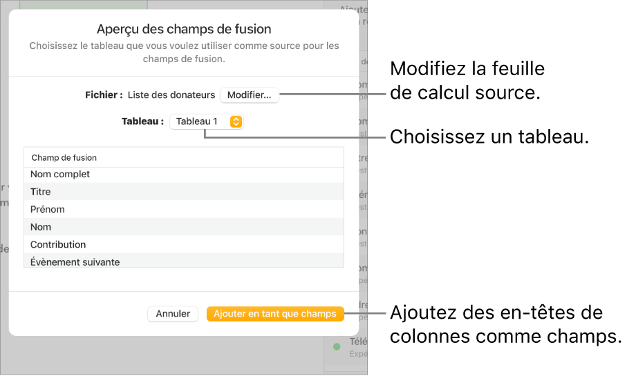 Sous-fenêtre « Aperçu des champs de fusion » ouverte, avec des options pour modifier le fichier ou le tableau source, prévisualiser les noms des champs de fusion ou ajouter les en-têtes de colonnes en tant que champs.