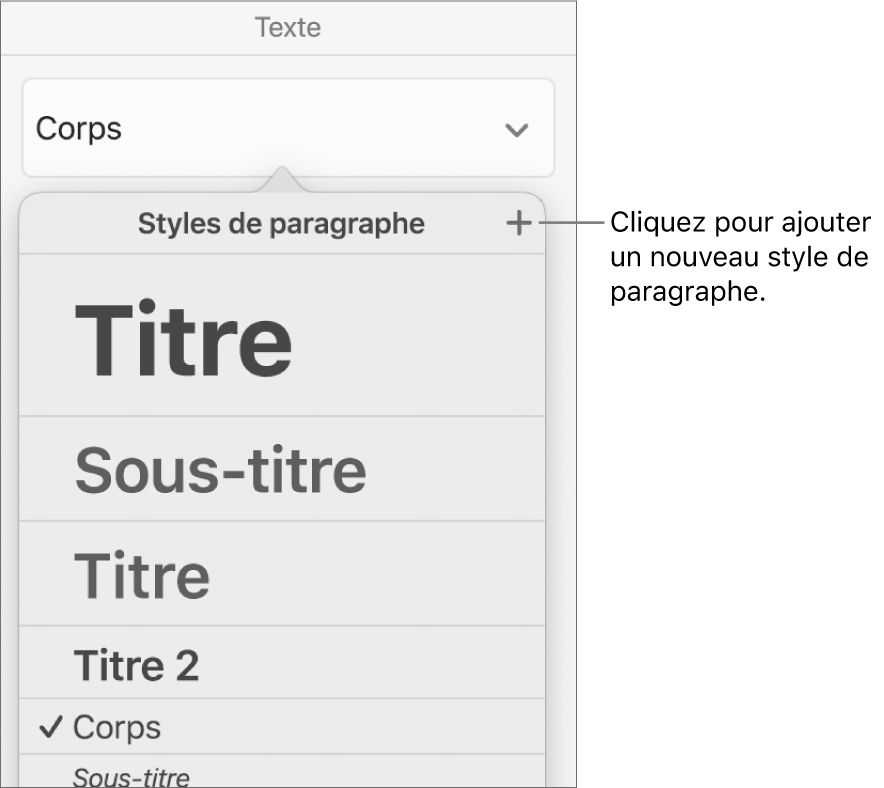 Le menu « Styles de paragraphe » avec le bouton « Nouveau style » accompagné d’une légende.