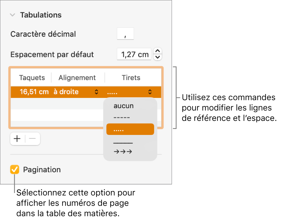 La section Onglets de la barre latérale Format. Un tableau se trouve sous Espacement par défaut avec les colonnes Taquets, Alignements et Tirets. Une case Pagination est cochée et s’affiche sous le tableau.