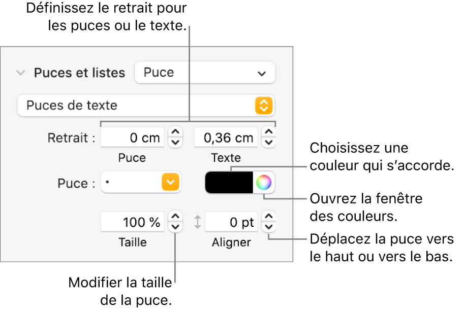 Section Puces et listes accompagnée des légendes des commandes pour le retrait des puces et du texte, la couleur des puces, leur taille et leur alignement.