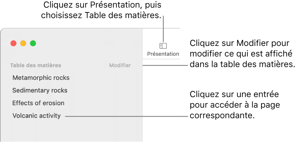 La table des matières à gauche de la fenêtre Pages avec un bouton Modifier dans le coin supérieur droit de la barre latérale et les entrées de la table des matières dans une liste. Le bouton Présentation se trouve dans le coin supérieur gauche de la barre d’outils Pages, au-dessus de la barre latérale.