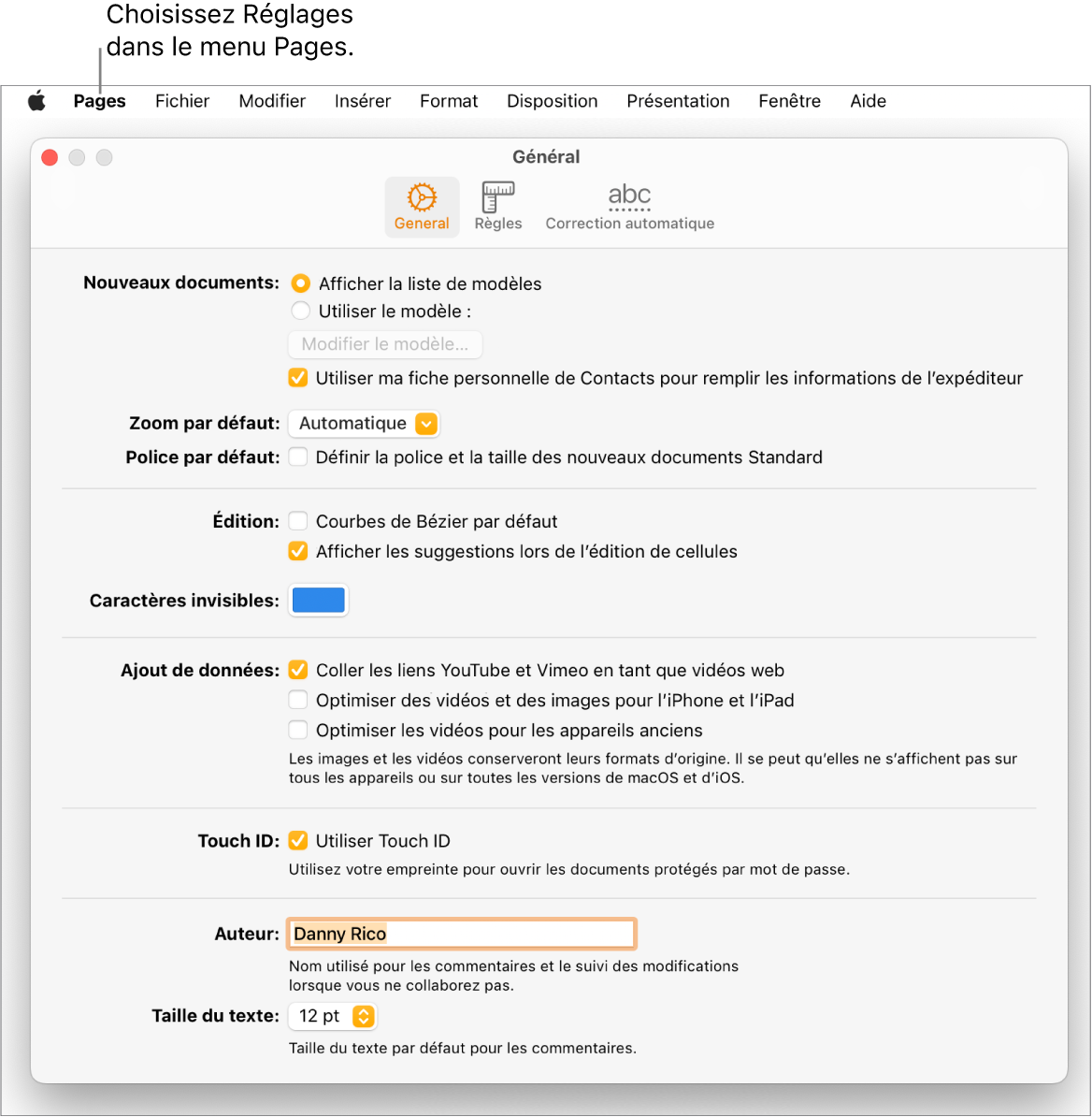 Sous-fenêtre des réglages de Pages ouverte sur l’onglet Général.