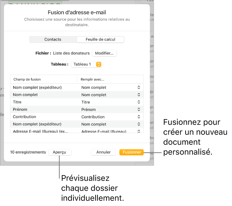 Sous-fenêtre Publipostage ouverte, avec des options pour modifier le fichier ou le tableau source, prévisualiser les noms des champs de fusion ou des enregistrements individuels, ou fusionner le document.