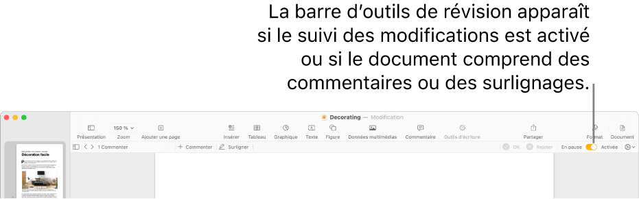 La barre d’outils de Pages avec le suivi des modifications activé et la barre d’outils de révision en dessous.