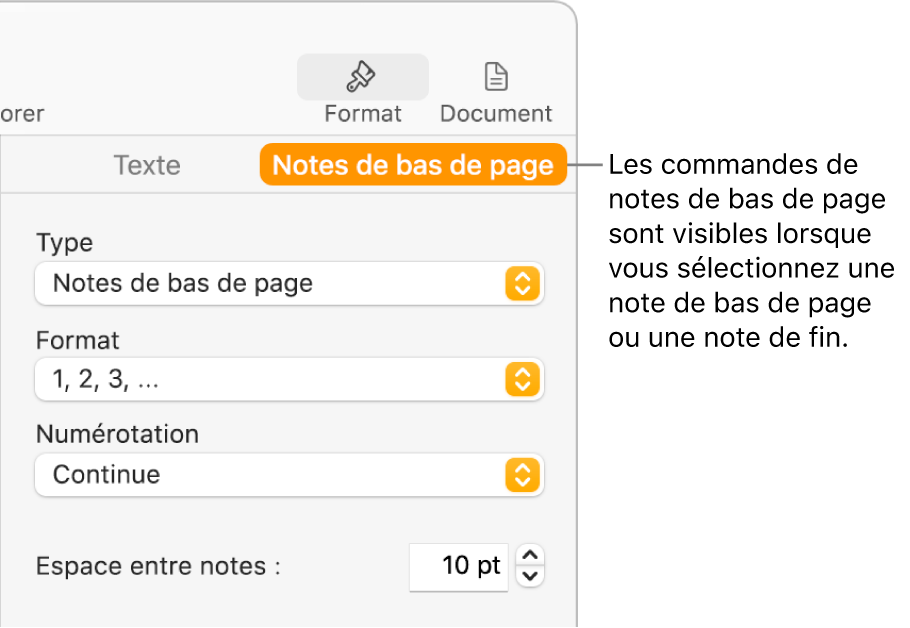 Sous-fenêtre des notes de pied de page affichant les menus locaux Type, Format, Numérotation et Espace entre notes.