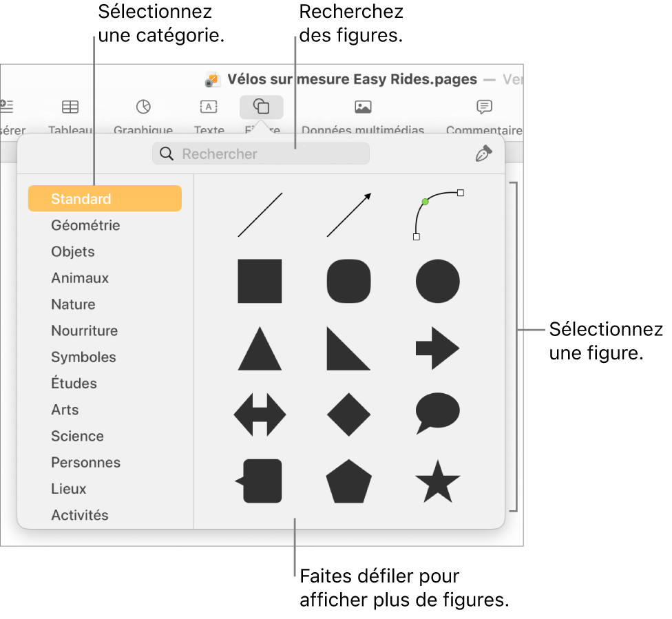 Bibliothèque de figures, avec les catégories répertoriées sur le côté gauche et les figures affichées sur le côté droit. Vous pouvez utiliser le champ de recherche situé en haut pour rechercher des figures. Vous pouvez également parcourir l’écran pour en trouver d’autres.