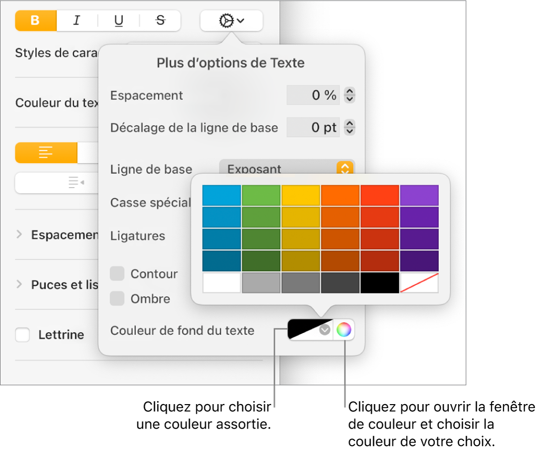 Commandes de sélection d’une couleur d’arrière-plan pour le texte.