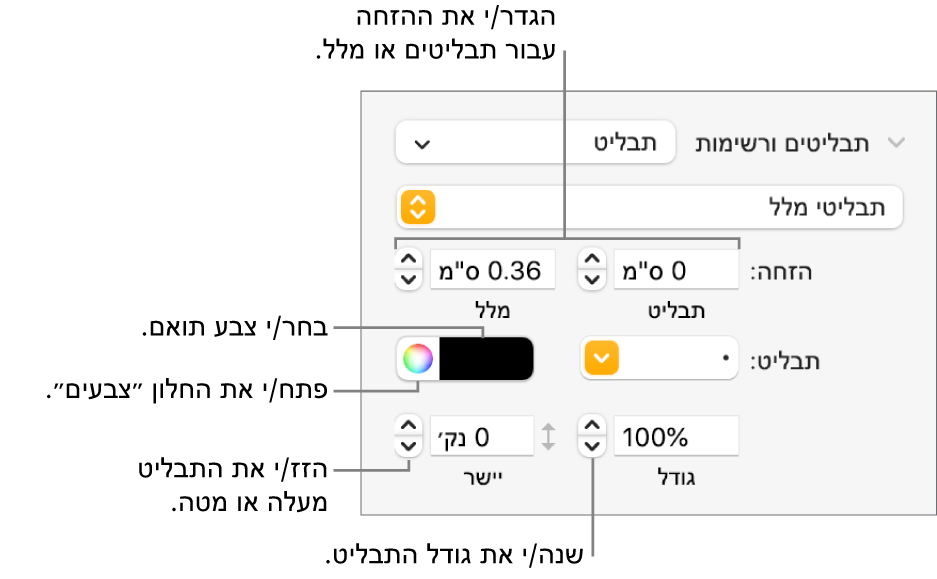 המקטע ״כדורים ורשימות״ עם הסברים לגבי הפקדים של הזחת כדור ומלל, צבע כדור, גודל כדור ויישור.