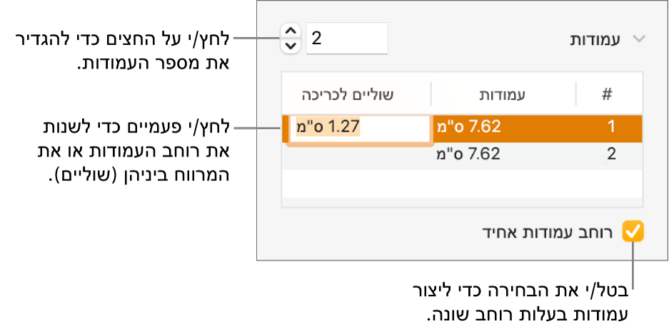 החלונית ״פריסה״ בסוקר ״עיצוב״, המציגה פקדי עמודות.