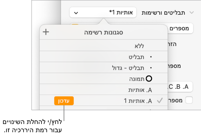 התפריט הקופצני ״סגנונות רשימה״ עם כפתור ״עדכן״ בסמוך לשמו של הסגנון החדש.