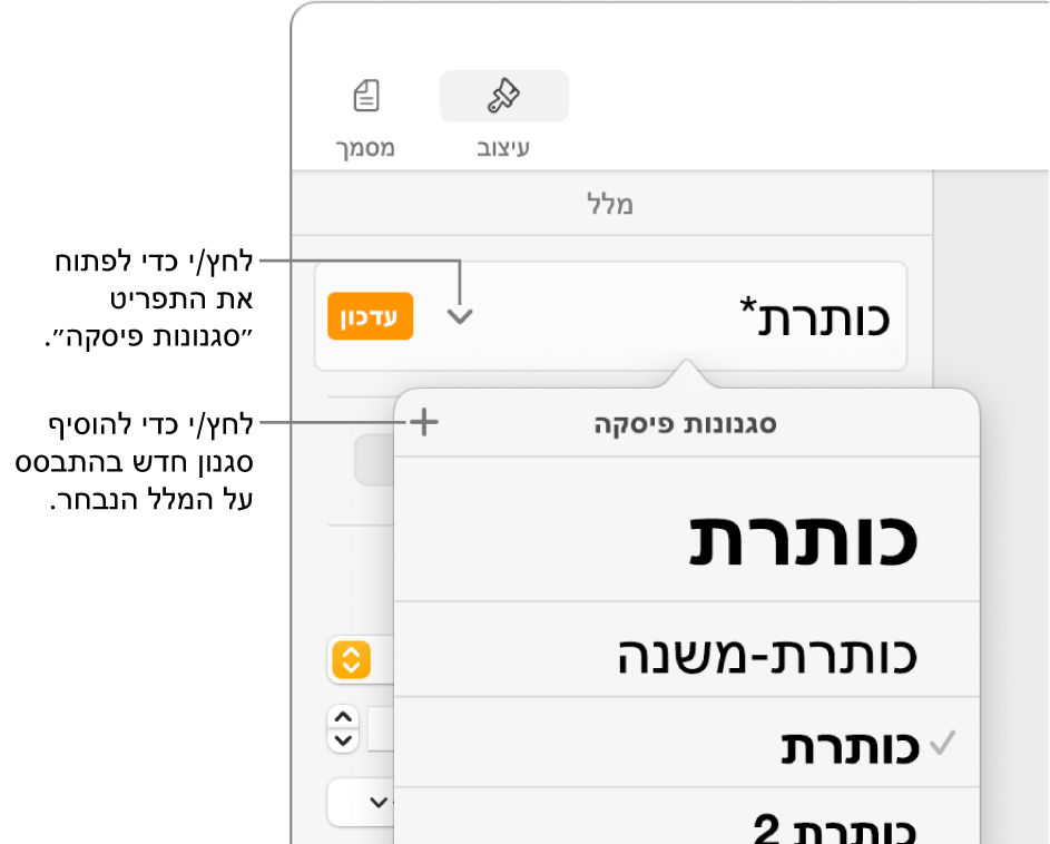 התפריט ״סגנונות פיסקה״, מציג כלי בקרה להוספה או שינוי של סגנון.