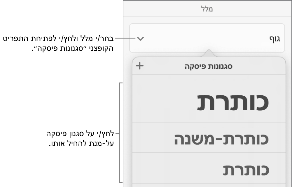 התפריט ״סגנונות פיסקה״.
