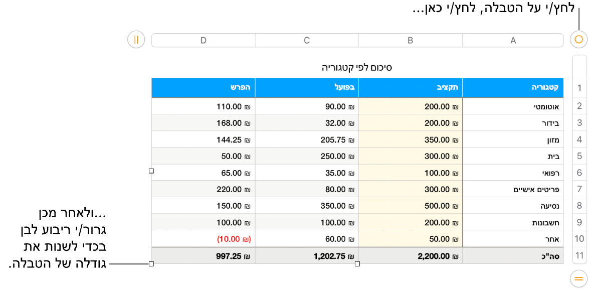 טבלה שנבחרה, עם ריבועים לבנים לשינוי גודל.