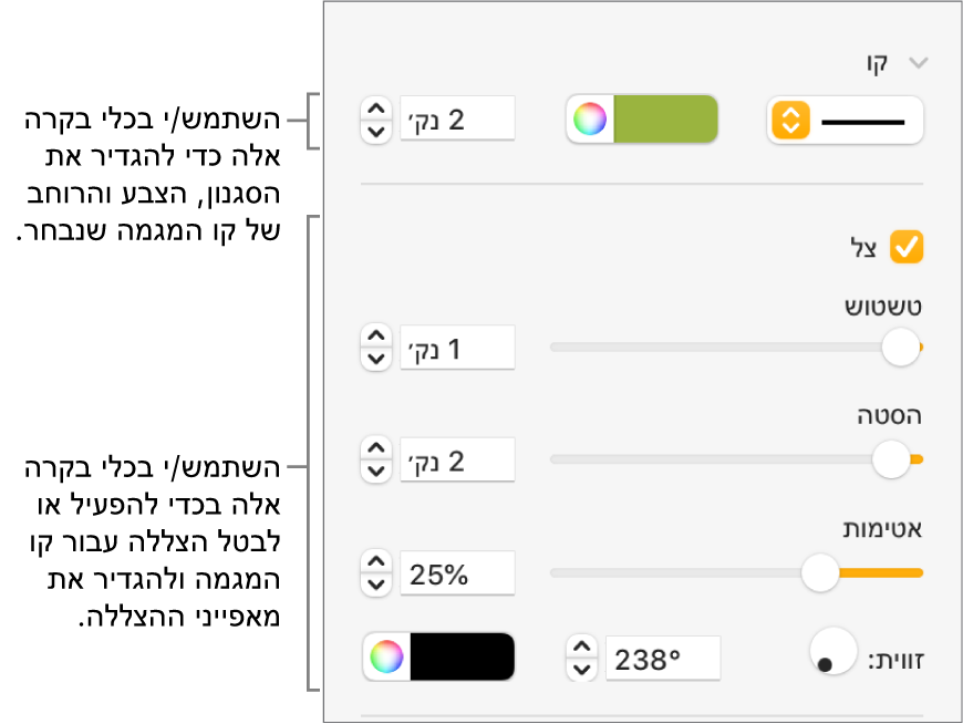 כלי הבקרה בסרגל הצד המיועדים לשינוי המראה של קווי מגמה.
