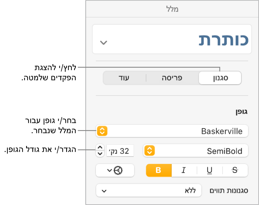 כלי בקרה של מלל במקטע ״סגנון״ של סרגל הצד ״עיצוב״ להגדרת גופן וגודל גופן.