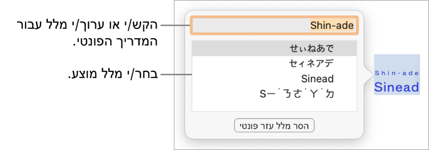 המדריך הפונטי פתוח עבור מילה, עם הסברים לגבי שדה המלל והמלל המוצע.