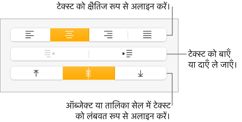 टेक्स्ट को क्षैतिज या लंबवत रूप से अलाइन करने के लिए बटनों के साथ फ़ॉर्मैट इंस्पेक्टर का “अलाइनमेंट” सेक्शन और टेक्स्ट को बाएँ या दाएँ मूव करने के लिए बटन।