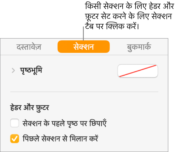साइडबार के शीर्ष पर स्थित सेक्शन टैब वाला दस्तावेज़ साइडबार चुना गया है। साइडबार के हेडर और फ़ुटर सेक्शन में “सेक्शन के पहले पृष्ठ पर छिपाएँ” बाएँ और “पिछले सेक्शन से मिलान करें” के आगे चेकबॉक्स होते हैं।