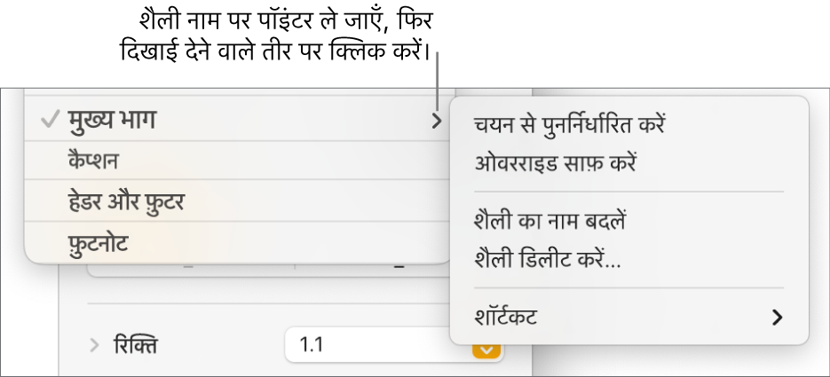 खुले शॉर्टकट मेनू के साथ “अनुच्छेद शैलियाँ” मेनू।