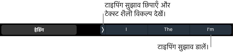 टेक्स्ट शैली चुनने, टाइपिंग सुझाव छिपाने और टाइपिंग सुझाव डालने वाले नियंत्रणों के साथ MacBook Pro Touch Bar।