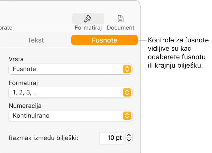 Prozor Fusnote s prikazom skočnih izbornika za stavke Vrsta, Format, Numeriranje i prostorom između bilješki.